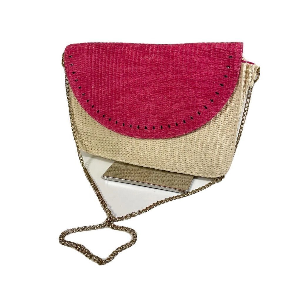 Escada Sorbetto Rosso Watermelon Straw Gold Chain Crossbody Bag Purse Pink Small